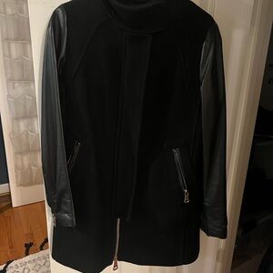 Milly Black dress coat w leather sleeves